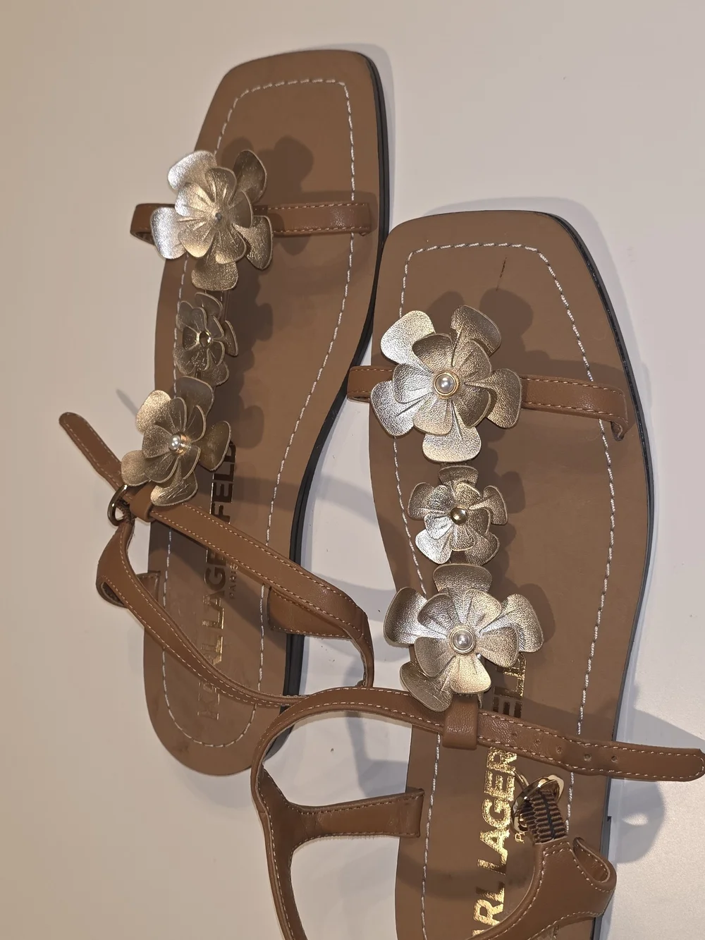 Karl Lagerfeld Tan Sandals with Gold Floral Accents